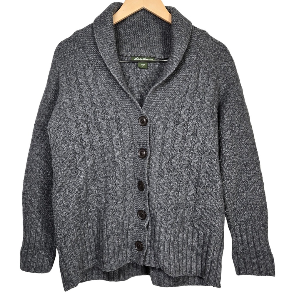 Eddie Bauer Lambswool Blend Cable Knit Shawl Collar Cardigan Sweater Gray Size L